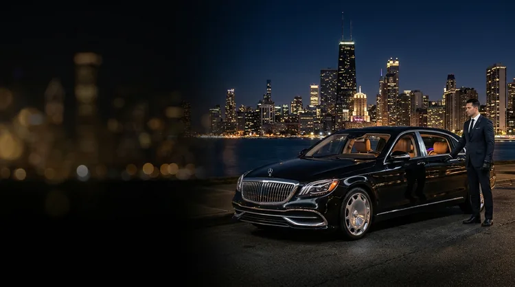 Hourly As-Directed Private Chauffeur in Mercedes S-Class with Chicago Skyline View